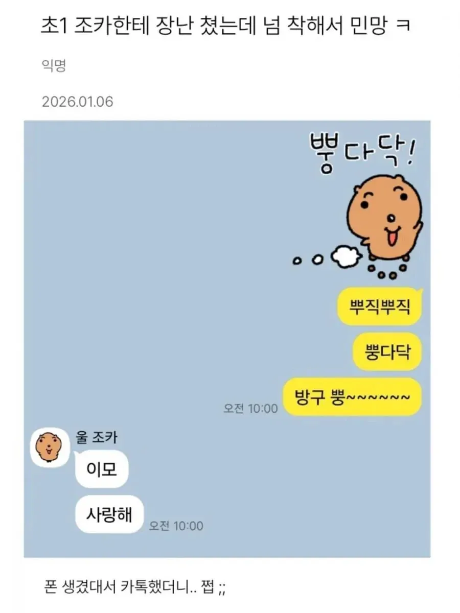 조카에게 방귀 이모티콘 장난쳤더니 "이모 사랑해"라고 답한 카톡 대화 캡처