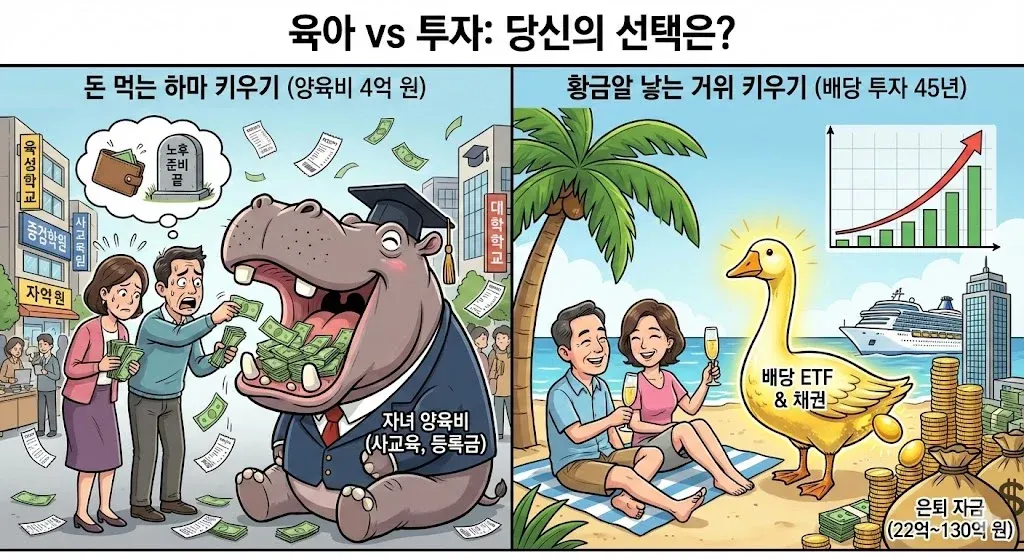 육아 비용 4억 원과 45년 배당 투자 시 은퇴 자금 비교 인포그래픽