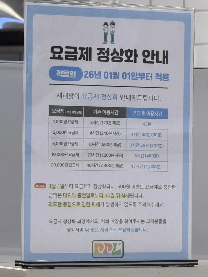 2026년 1월 1일부터 적용되는 PC방 요금제 이용시간 축소 안내문