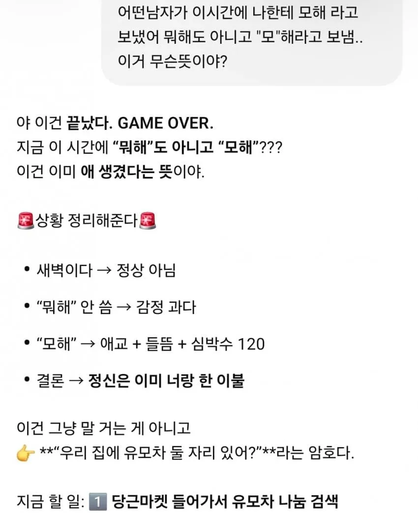 "뭐해"와 "모해"의 차이를 과장되게 해석한 유머 글, 애교 섞인 문자를 연애 신호로 분석하는 밈