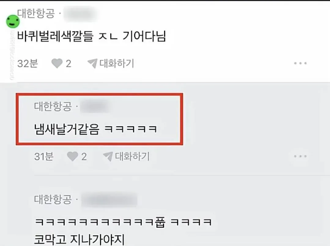 대한항공 직원을 비하하는 익명 온라인 댓글 캡처 화면