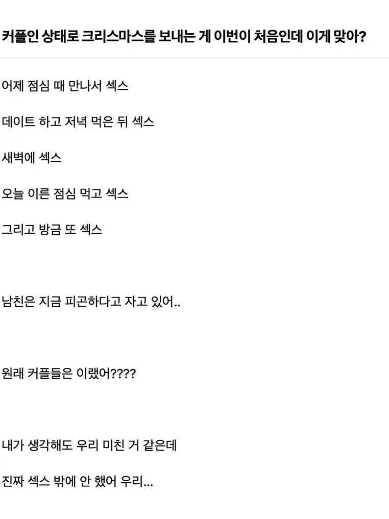 첫 크리스마스를 함께 보낸 커플의 잦은 성관계에 대한 익명 게시글 캡처
