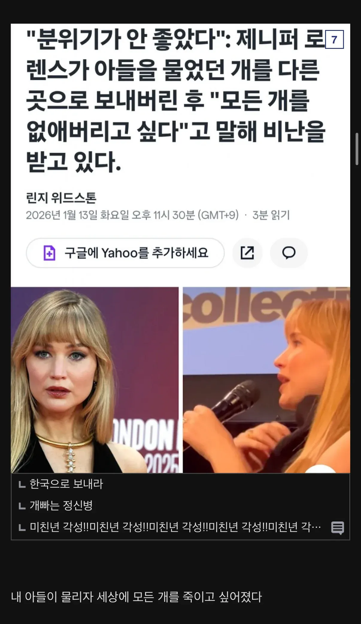 제니퍼 로렌스의 반려견 논란 관련 뉴스 기사와 댓글 캡처 화면