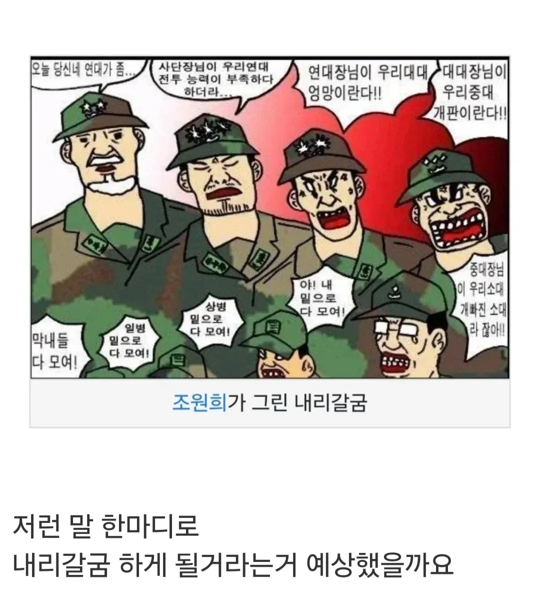 군대 계급별 내리갈굼을 묘사한 만화, 사단장부터 이병까지 질책이 전달되는 과정