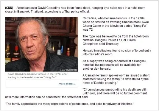 2009년 태국 방콕 호텔에서 사망한 채 발견된 배우 데이비드 캐러딘 관련 CNN 뉴스 기사