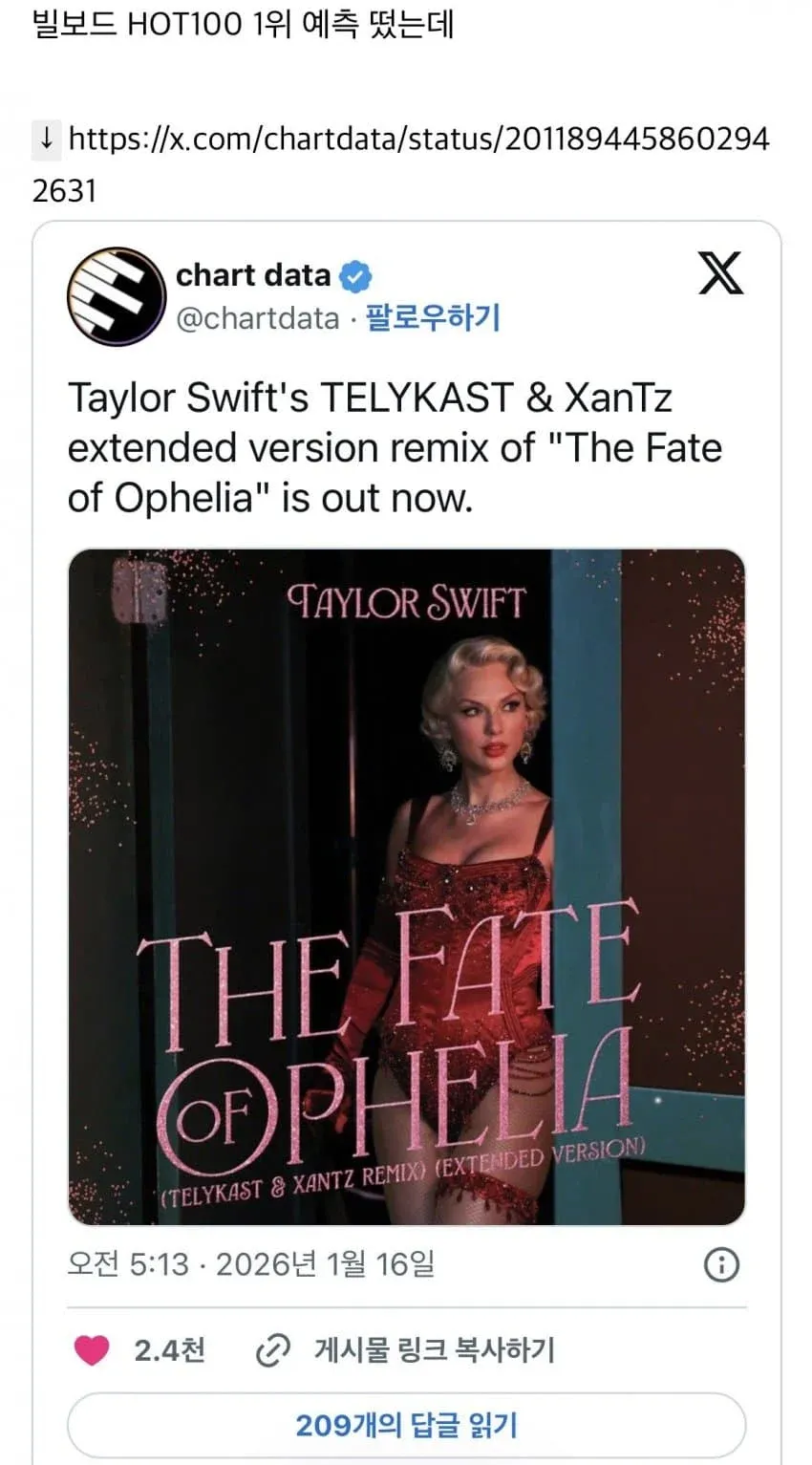 테일러 스위프트 'The Fate of Ophelia' 리믹스 발매 및 빌보드 HOT100 1위 예측 소식