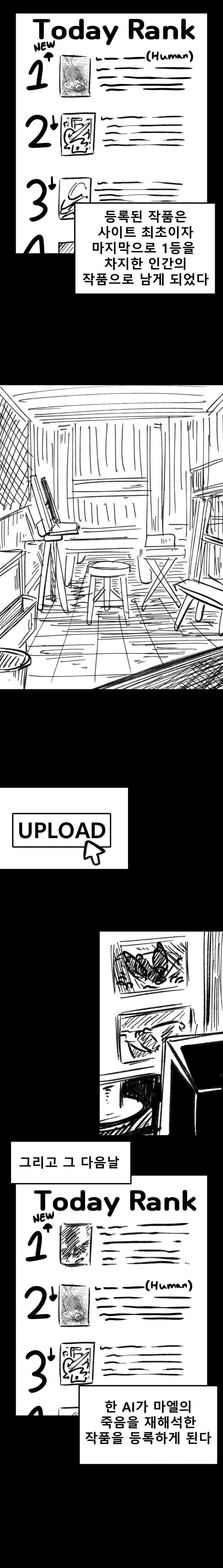 인간 작품이 1위를 차지한 다음날 AI가 재해석한 작품으로 순위가 밀리는 장면