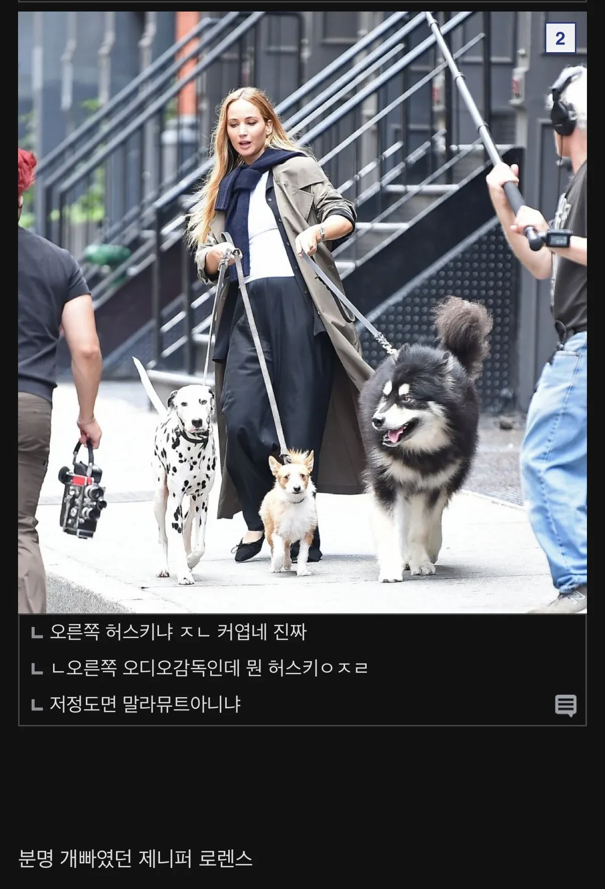 제니퍼 로렌스가 큰 흰색 개와 함께 있는 사진, 오디오 감독으로 오해받은 장면