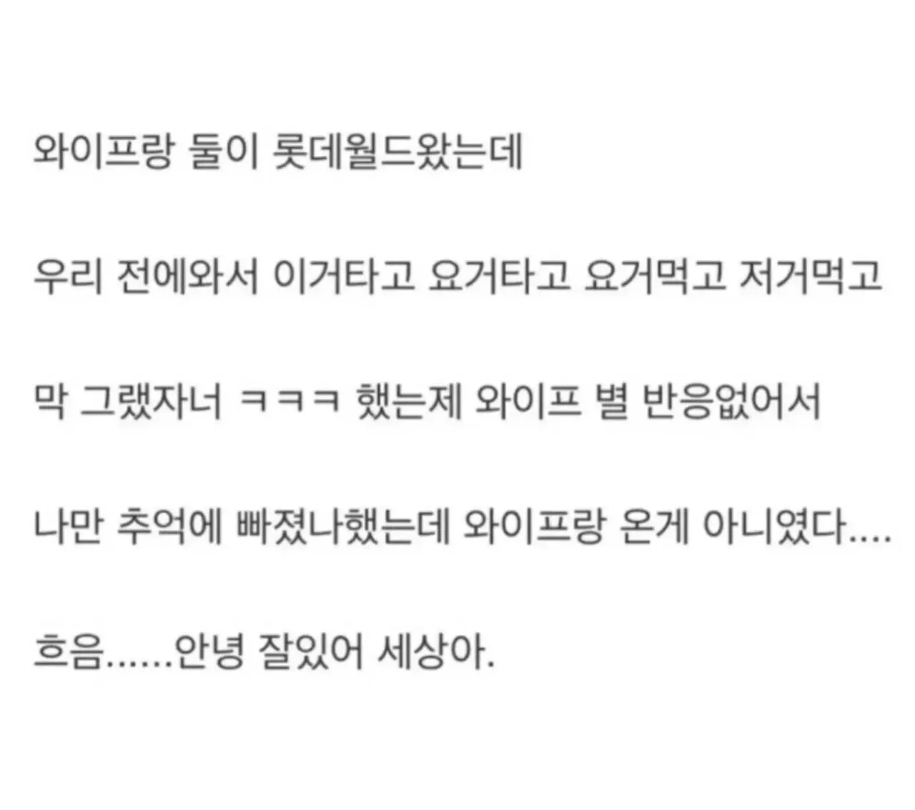 롯데월드에서 아내와의 추억을 떠올렸으나 동행자가 아내가 아님을 깨달은 남성의 글