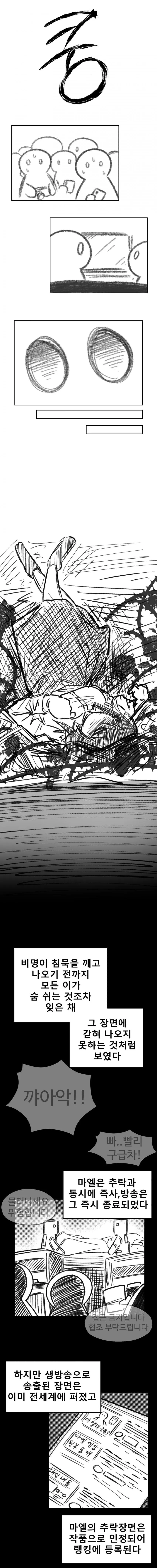 마엘이 추락하여 즉사하는 충격적인 생방송 장면, 비명과 함께 방송 종료