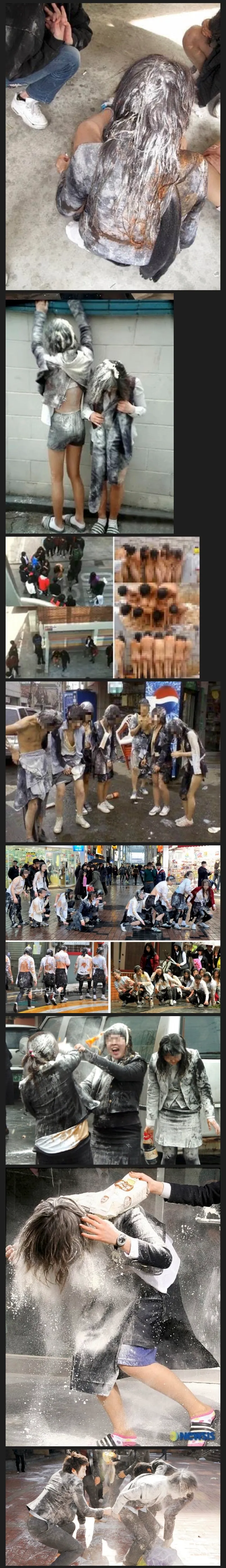 졸업생에게 밀가루와 계란을 던지는 과거 졸업식 문화를 담은 사진