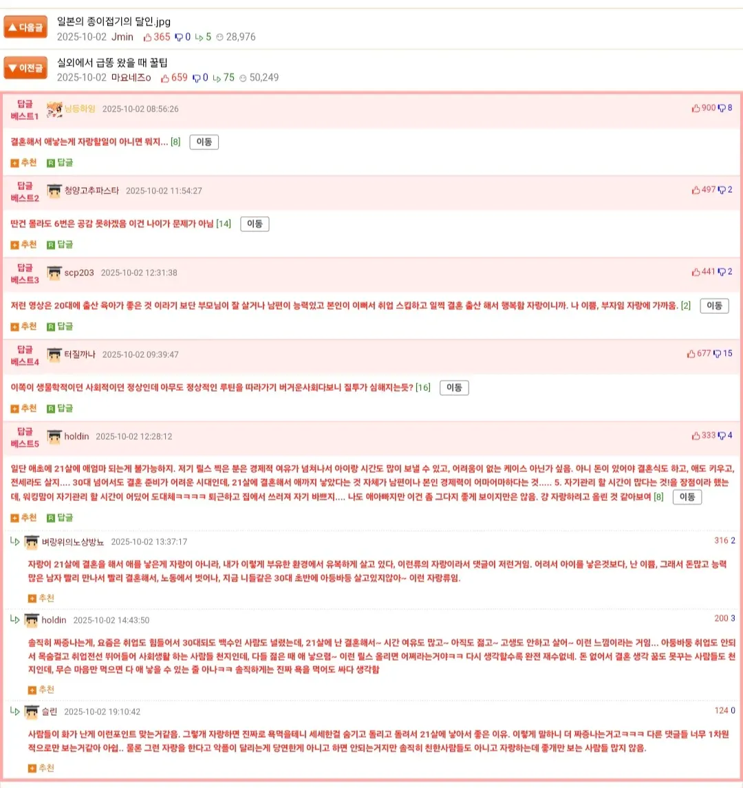 21살 조기 결혼·출산 주장에 대한 비판적 댓글 모음 캡처