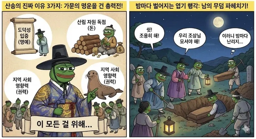 조선시대 산송의 3가지 이유(명예, 돈, 권력)와 남의 무덤 파헤치는 장면을 설명하는 인포그래픽