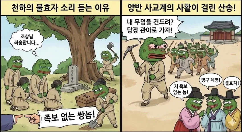 조선시대 산송(묘지 분쟁)을 다룬 웹툰 컷, 양반들이 족보와 불효를 언급하며 다투는 장면