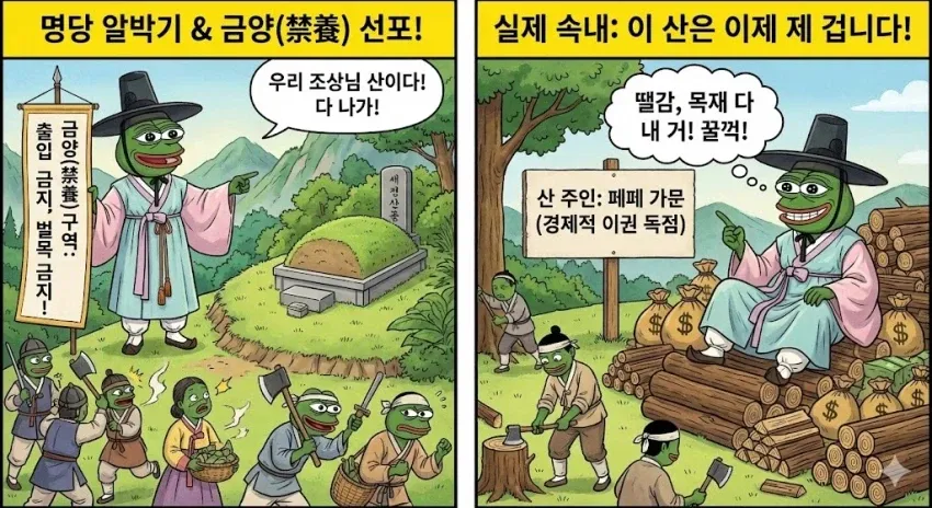 조선시대 명당 알박기와 금양 선포를 통한 산림 이권 독점을 설명하는 인포그래픽