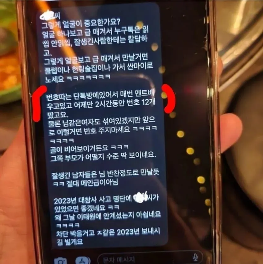 연락 무시에 분노하며 외모 비하, 가족 모욕, 이태원 참사 언급 등 폭언을 보낸 메시지 캡처