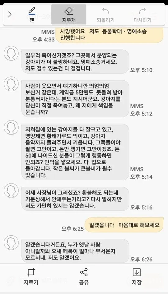 강아지 분양 환불 분쟁 관련 카카오톡 대화 캡처 화면