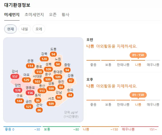 서울시 25개 구별 미세먼지 농도 지도, 대부분 '나쁨' 수준(81~150μg/m³) 표시