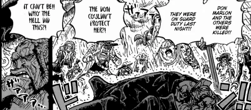 록스 해적단 말론의 죽음에 충격받는 캐릭터들의 만화 장면