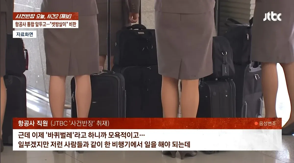 항공사 통합 관련 JTBC 사건반장 뉴스 화면, 음성변조된 항공사 직원 인터뷰 장면