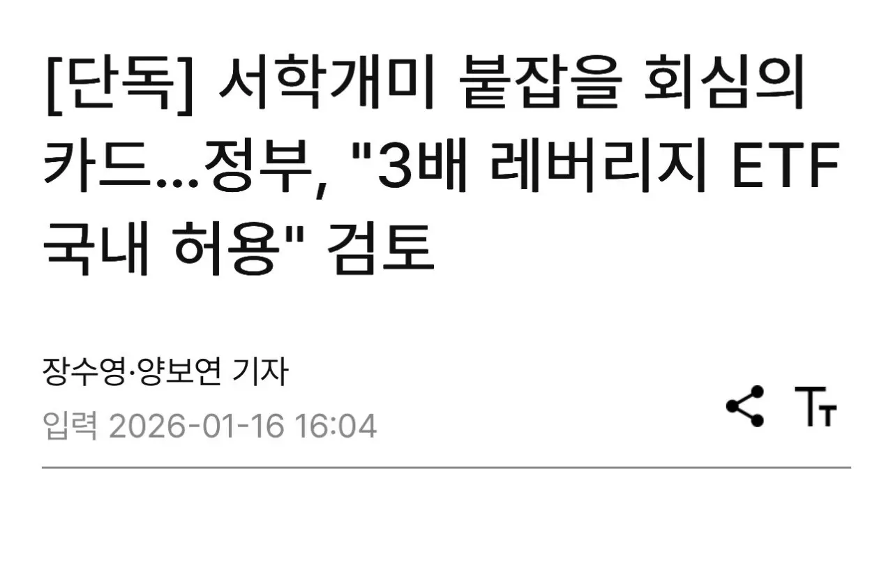정부의 3배 레버리지 ETF 국내 허용 검토 관련 뉴스 기사 헤드라인