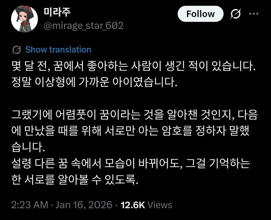 꿈에서 만난 이상형과 재회를 위해 암호를 정하자는 내용의 텍스트