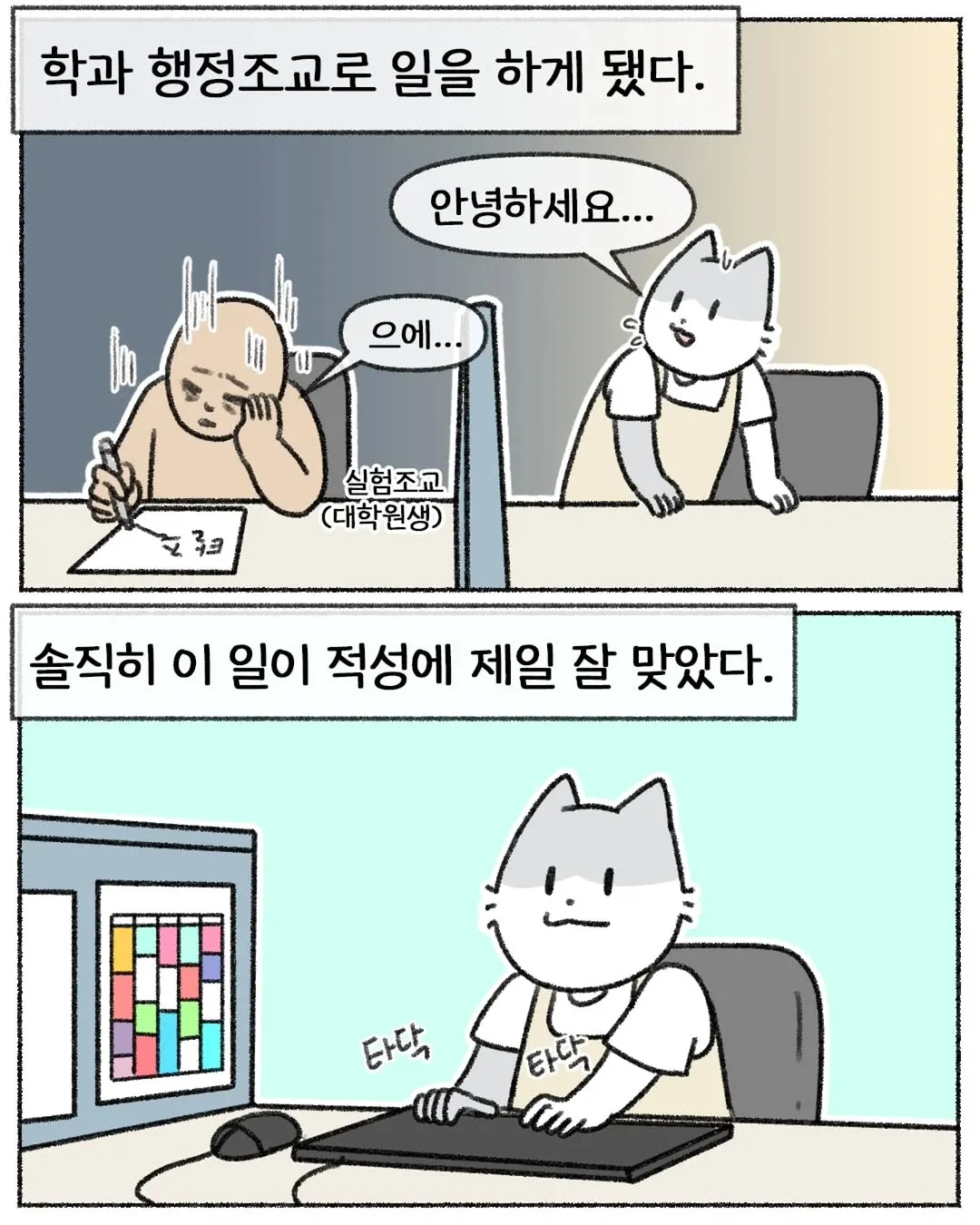학과 행정조교로 일하며 타자 치는 모습, 실험조교 시절이 적성에 맞았다는 만화 컷