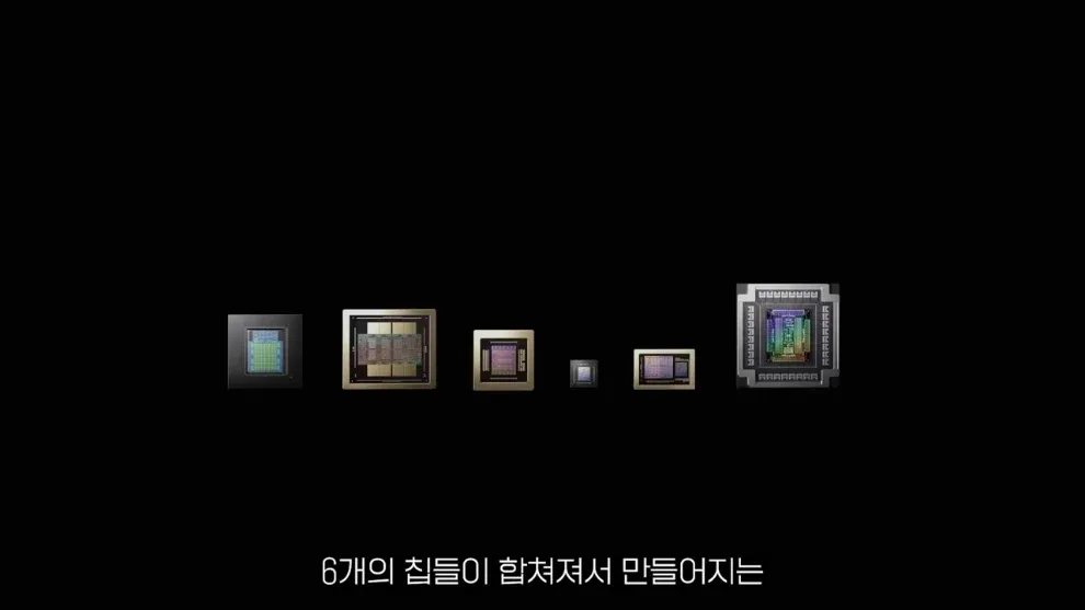 6개의 칩이 하나로 합쳐지는 구조를 보여주는 엔비디아 루빈 칩 다이어그램