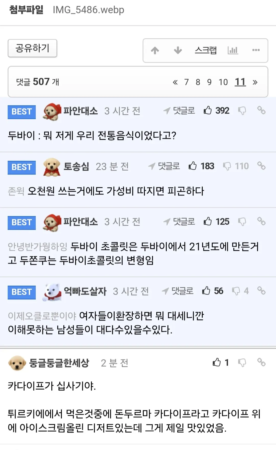 두쫀쿠 관련 커뮤니티 댓글 목록, 두바이 초콜릿 유래와 카다이프에 대한 토론