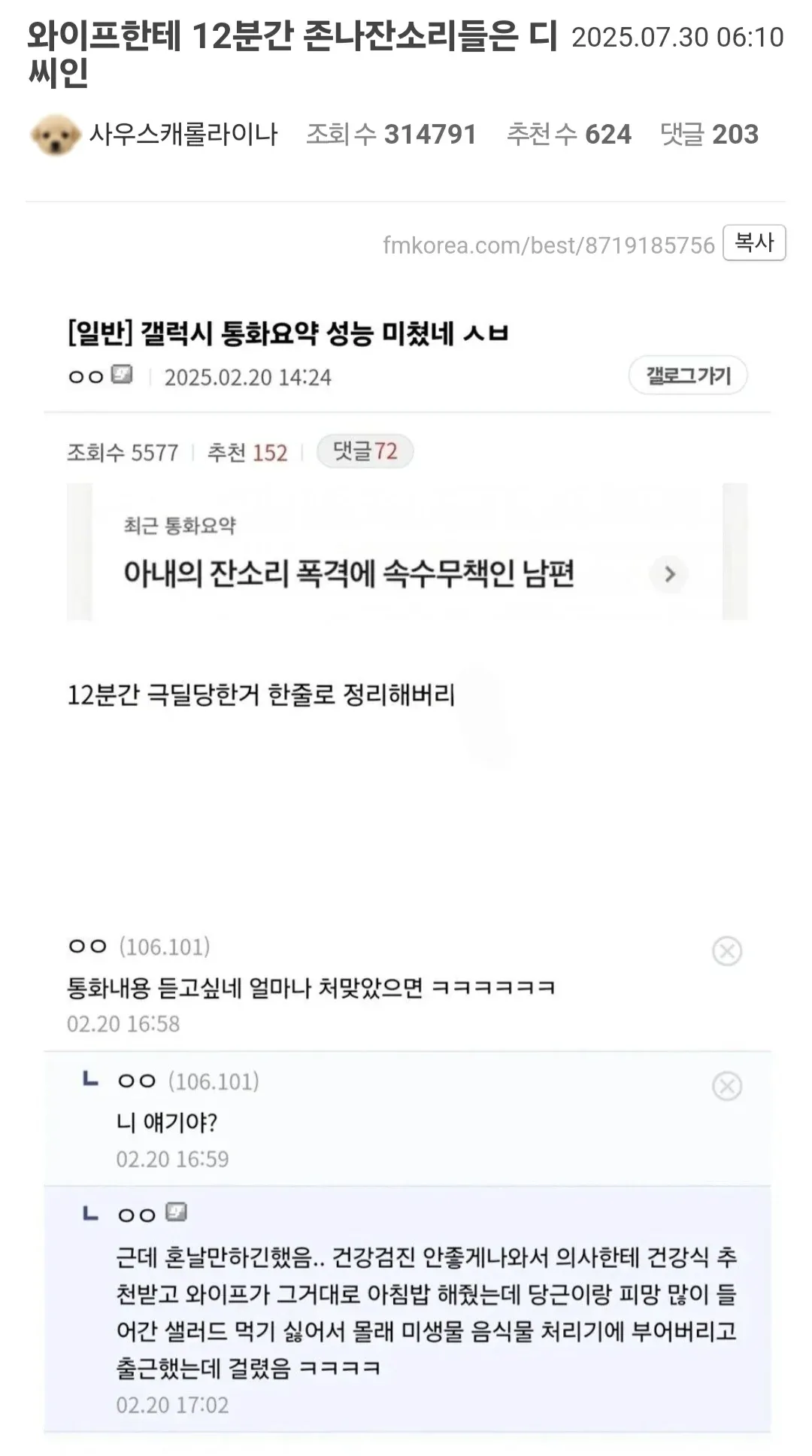 갤럭시 통화요약 기능이 12분 통화를 '아내의 잔소리 폭격에 속수무책인 남편'으로 요약한 화면 캡처
