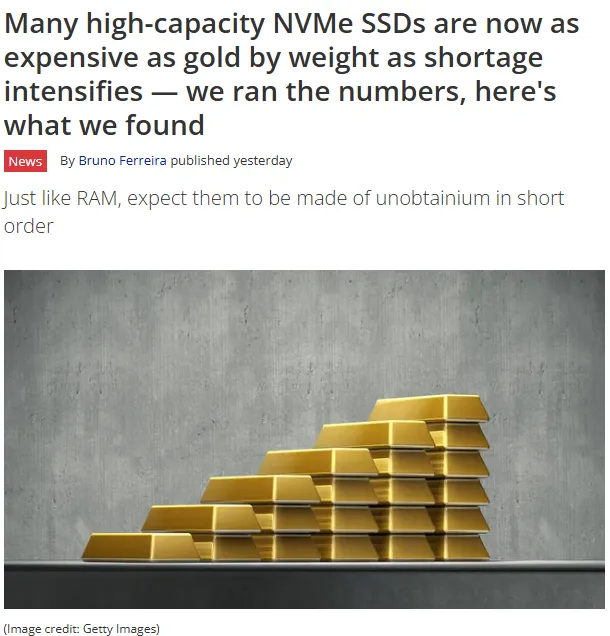 고용량 NVMe SSD 가격이 금값 수준으로 급등했다는 기사 헤드라인