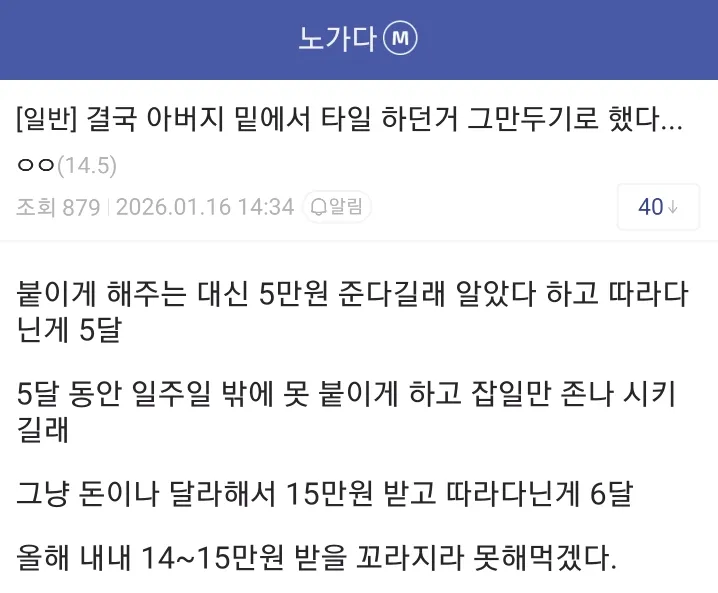 아버지 밑에서 타일 일 11개월 하다 저임금과 잡일만 시켜 그만둔다는 글