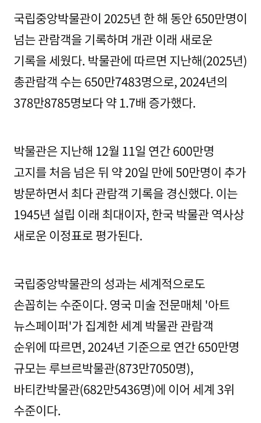 2025년 국립중앙박물관 관람객 650만 명 돌파, 세계 3위 기록 달성 뉴스 기사