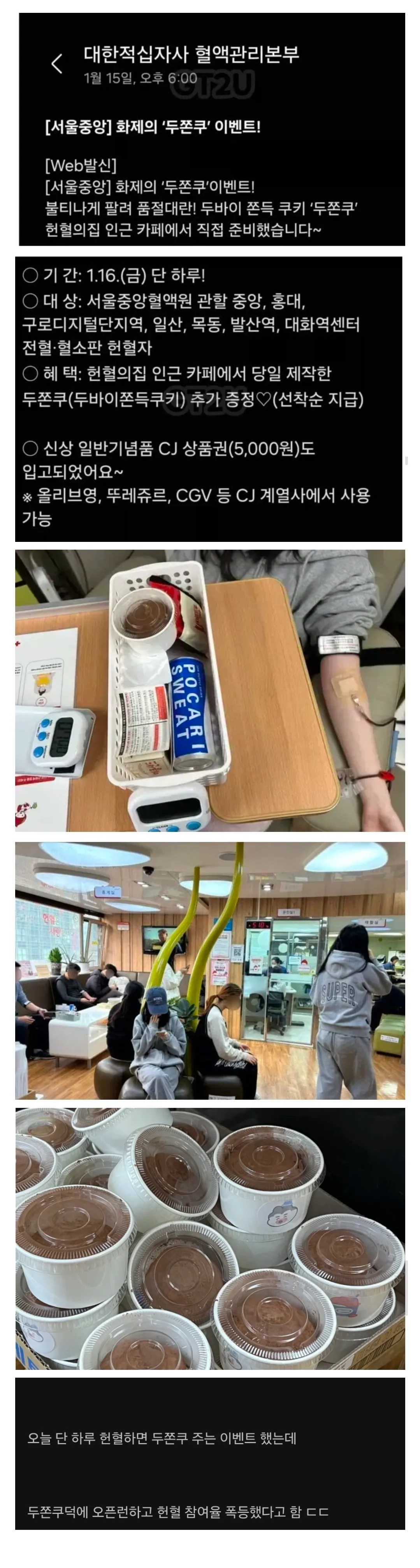 대한적십자사 서울중앙혈액원의 두바이쫀득쿠키 증정 헌혈 이벤트 안내 문자 메시지 캡처