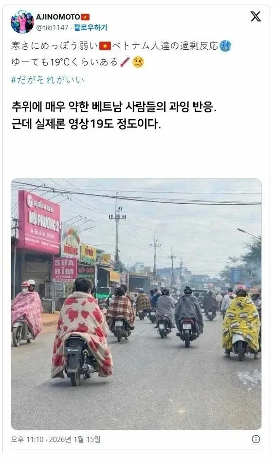 19도 날씨에 두꺼운 외투와 담요로 중무장한 베트남 사람들