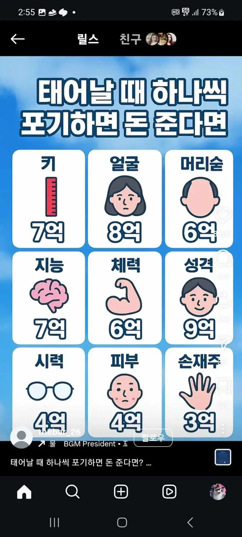태어날 때 외모, 지능, 체력 등 특성별 포기 시 받는 금액을 나열한 텍스트 이미지
