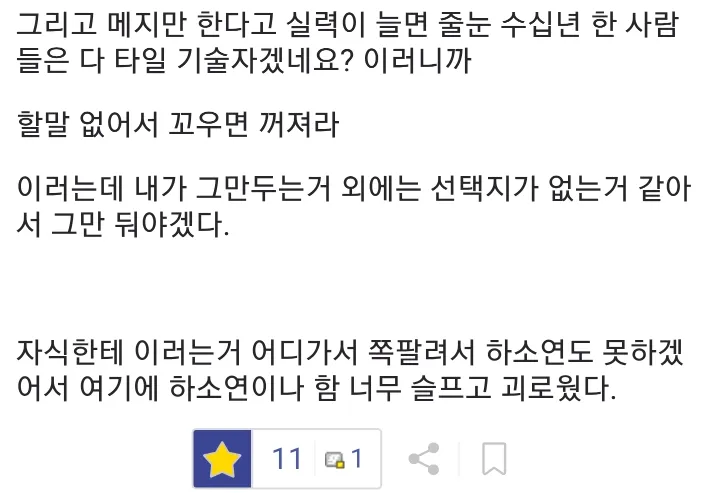 아버지와 타일 기술 논쟁 후 그만두기로 결심한 글 캡처