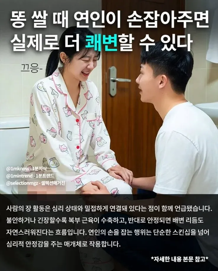 연인이 손을 잡아주면 배변이 편해진다는 내용의 유머 카드뉴스
