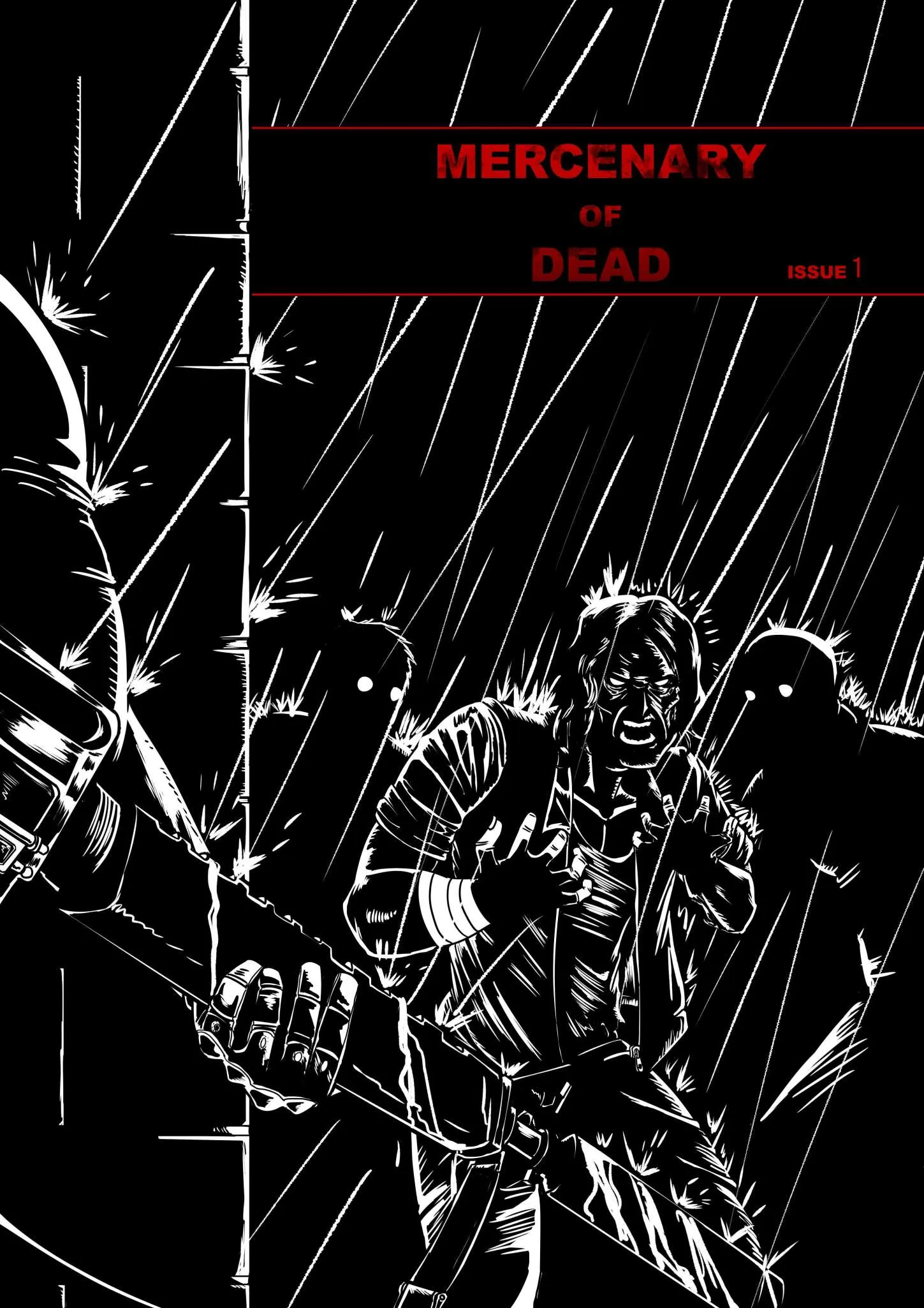 좀비 만화 '죽은 자들의 용병' 1권 표지, 무장한 용병과 소녀가 폐허 속에 서 있다