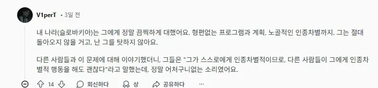 슬로바키아의 인종차별 경험을 토로하는 유튜브 댓글 스크린샷