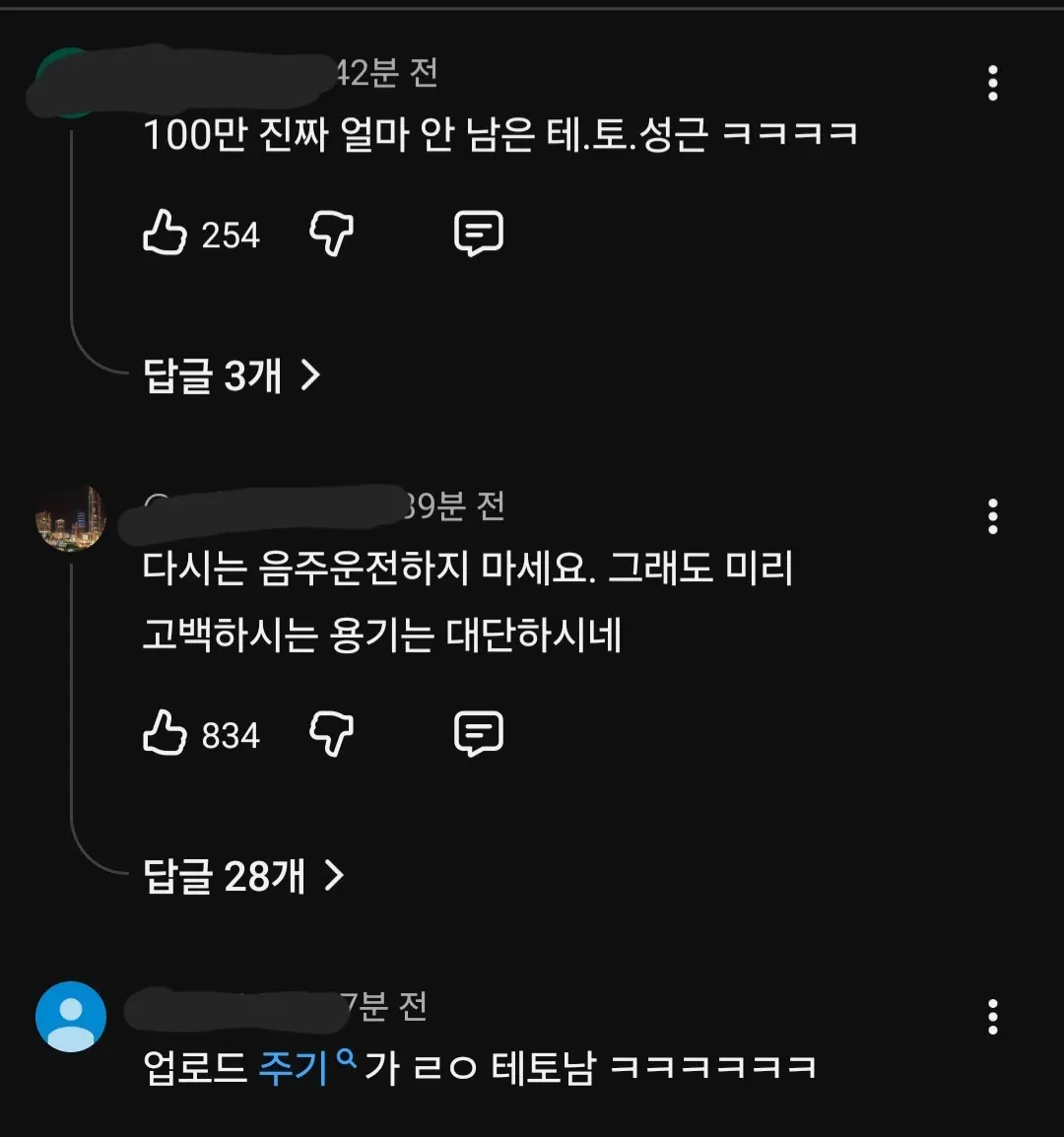 임성근 유튜브 영상의 구독자 100만 축하 및 음주운전 비판 댓글 캡처