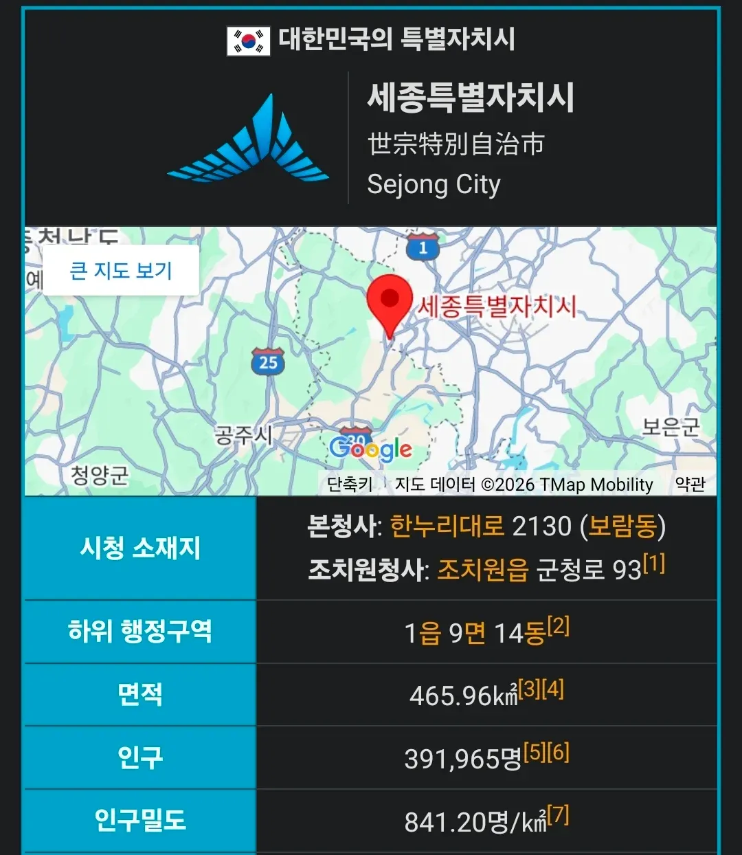 세종특별자치시 개요 정보: 위치, 행정구역, 면적, 인구 통계