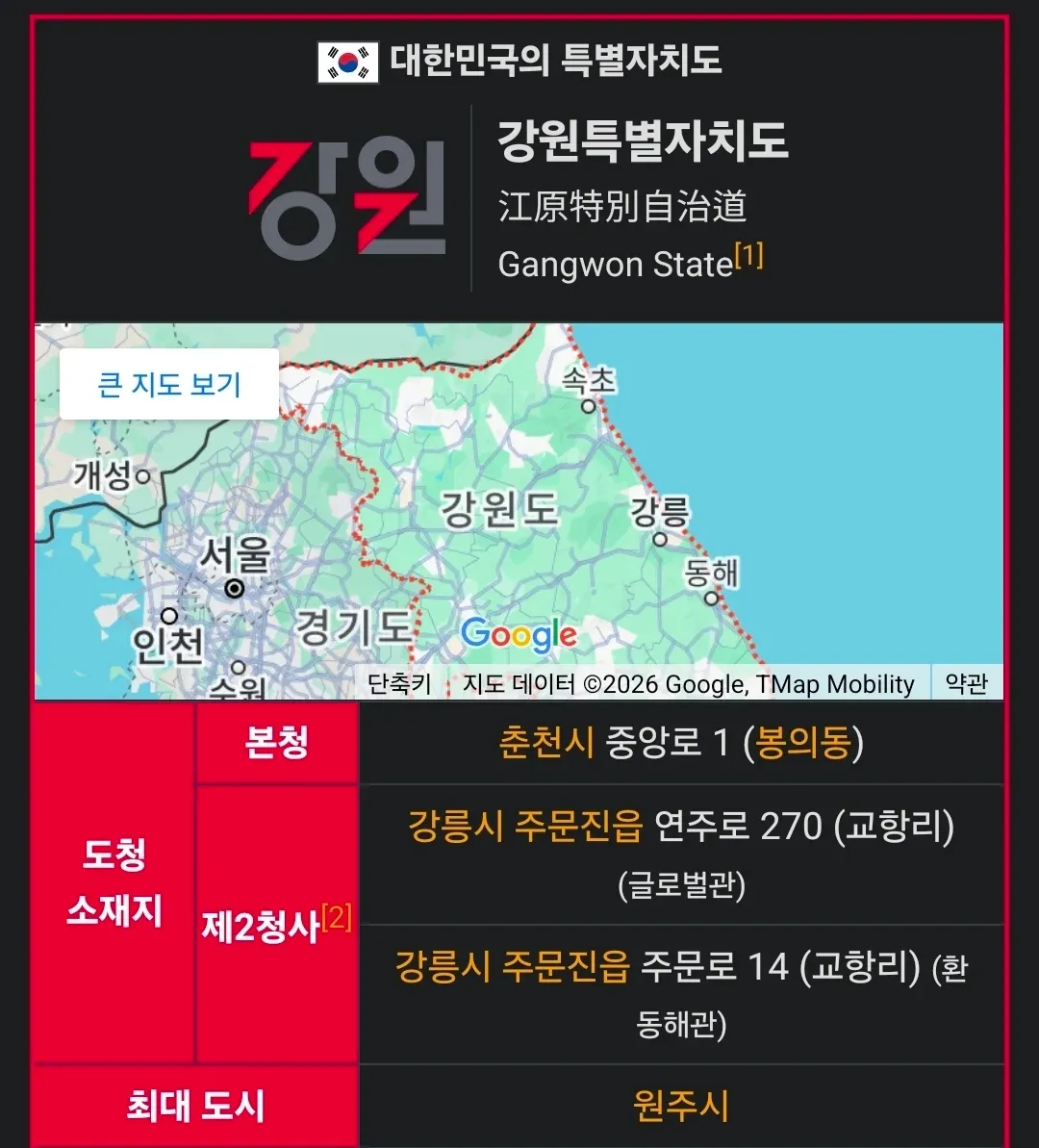 강원특별자치도 위치와 도청 소재지를 보여주는 지도 및 행정 정보