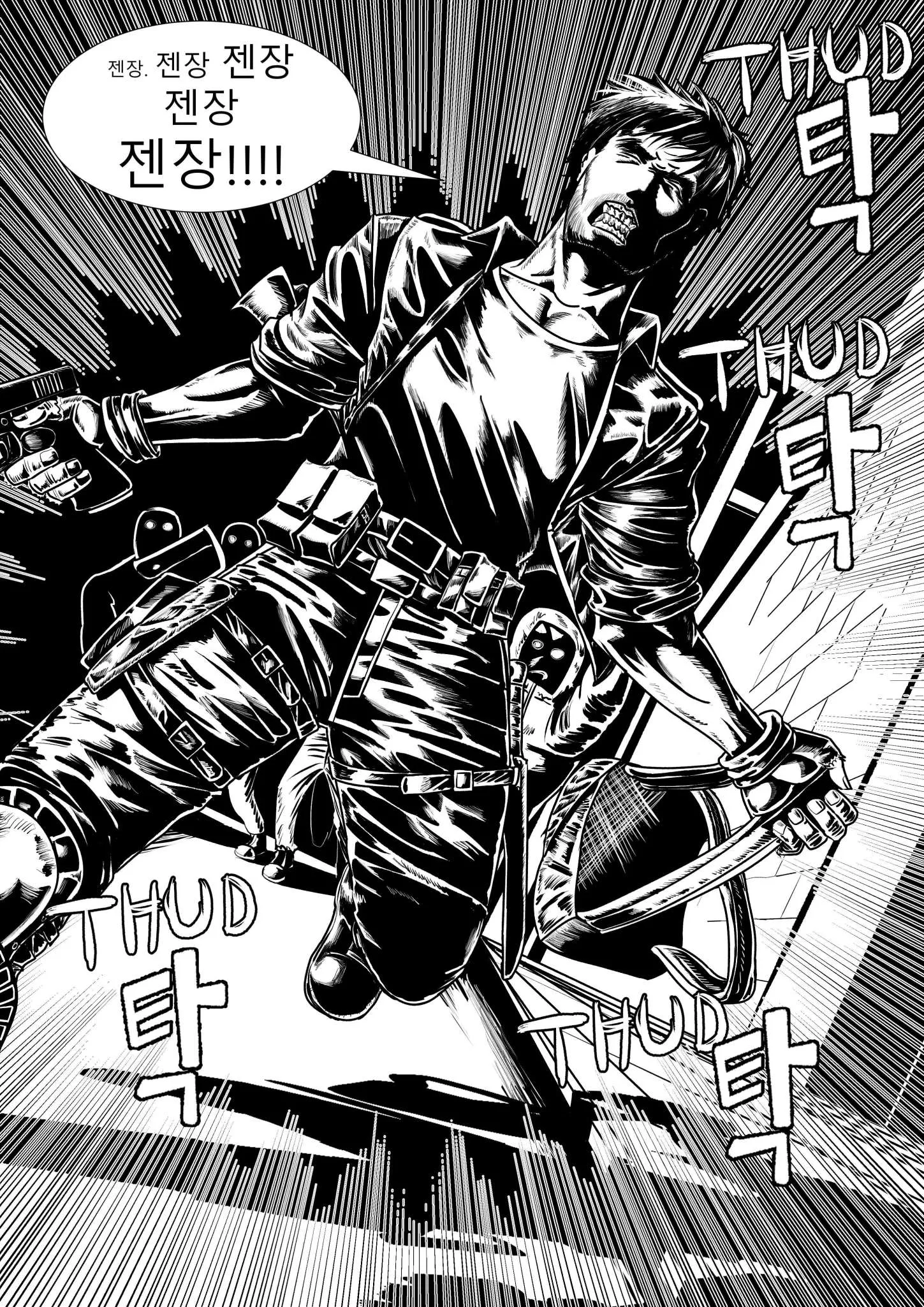 분노한 남자가 "젠장" 외치며 좀비들을 연속으로 때려잡는 장면