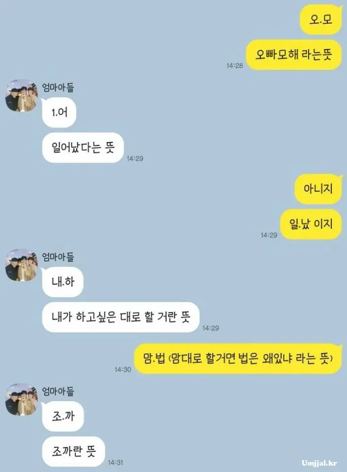 신조어 약어 설명 이미지: 오모, 일어, 내하, 맘법, 조까 등 줄임말 뜻풀이