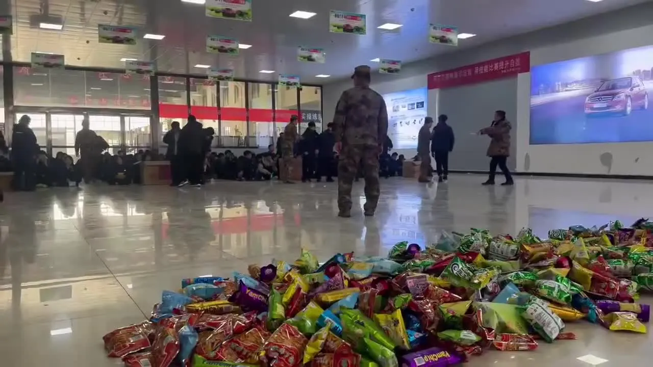 릴레이 게임에서 바구니에 담긴 과자를 집어가는 참가자들