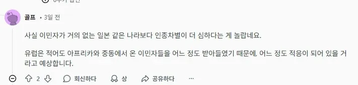 유럽의 이민자 수용과 인종차별에 대한 유튜브 댓글 스크린샷