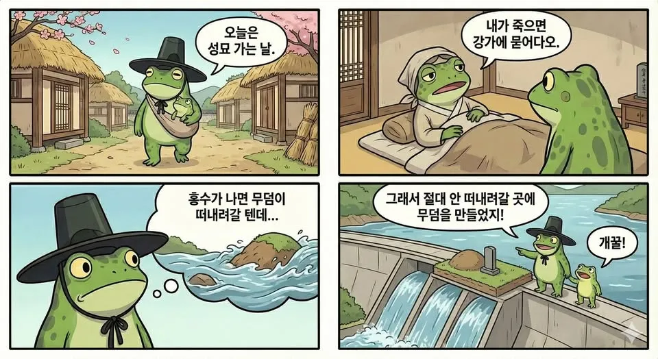 엄마 개구리의 유언을 어긴 아들 개구리가 산에 성묘하는 만화