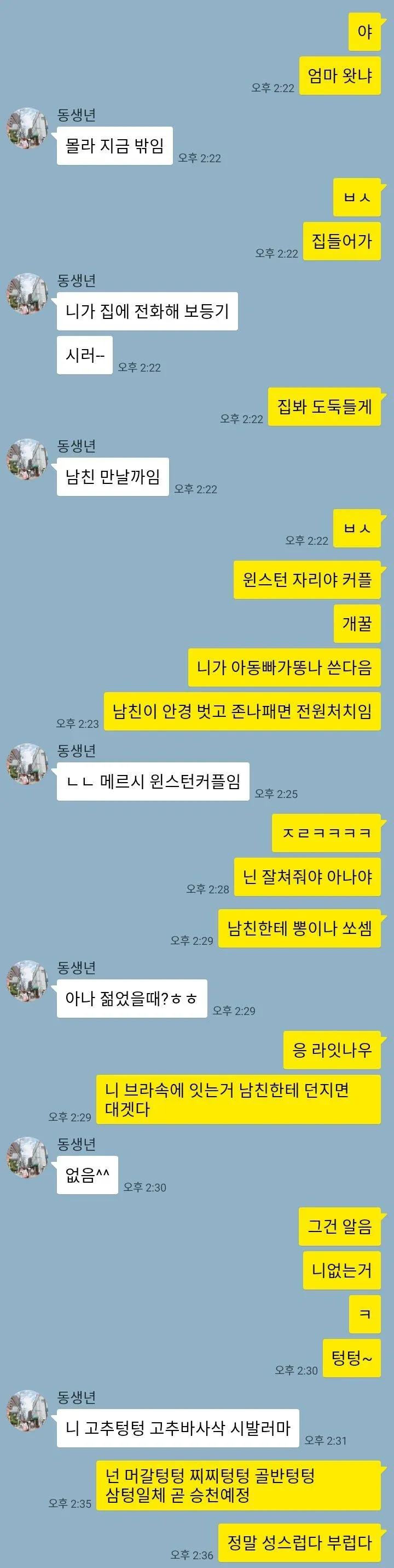 오버워치 캐릭터로 서로 놀리며 티격태격하는 남매의 카카오톡 대화 스크린샷