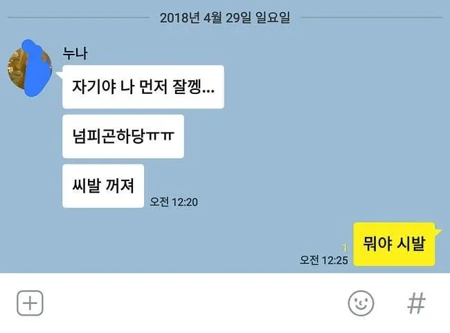 남매 카톡 대화. 누나가 잘 거라는 말에 동생이 욕설로 답하는 장면.